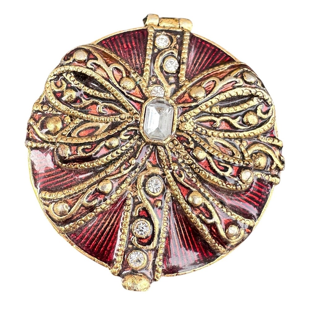 Monet Vintage Red Enamel Gold Tone Rhinestone Bow Trinket Pill Box Ornate
